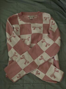 Coquette Pink & White Winter Sweater with Cute Pink Bows